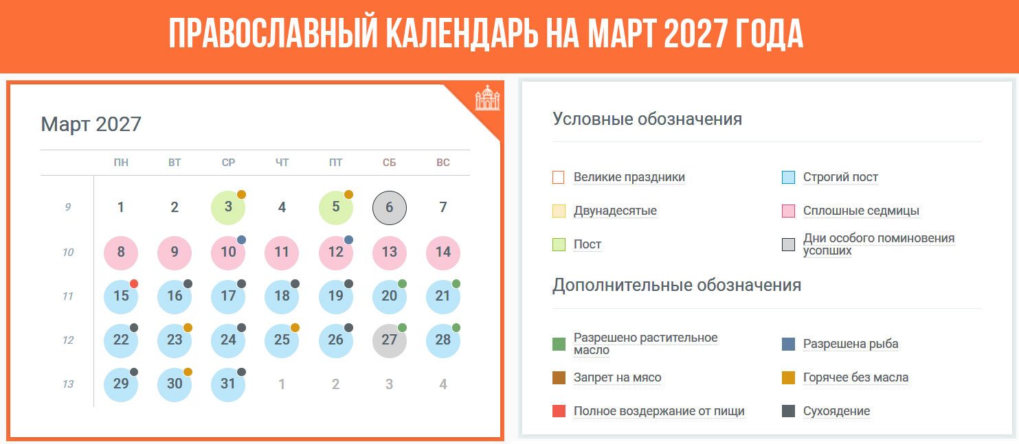 Православный календарь на март 2027 года