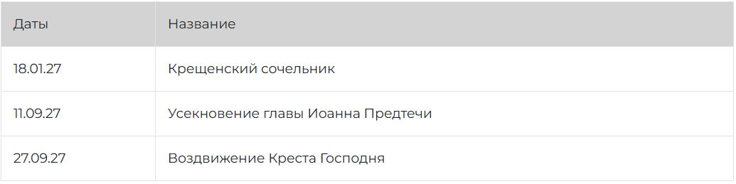 Однодневные посты 2027 года