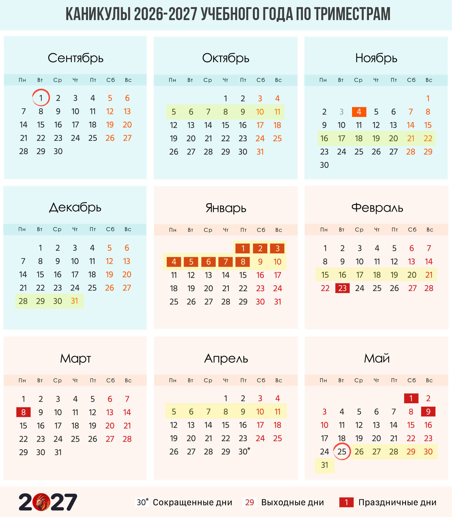Календарь каникул 2026-2027 года для триместров